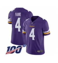 Men's Minnesota Vikings #4 Brett Favre Purple Team Color Vapor Untouchable Limited Player 100th Season Football Jersey