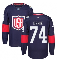 Men's Adidas Team USA #74 T. J. Oshie Premier Navy Blue Away 2016 World Cup Ice Hockey Jersey