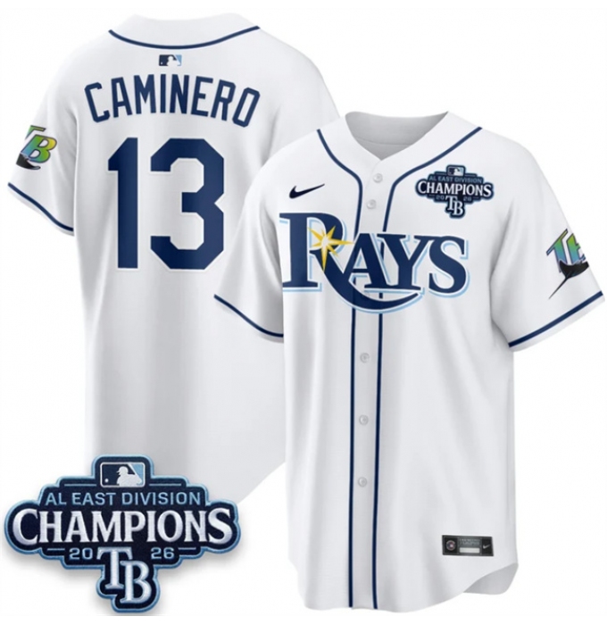 Men's Tampa Bay Rays #13 Junior Caminero White 2026 AL East Champions Limited Stitched Baseball Jersey