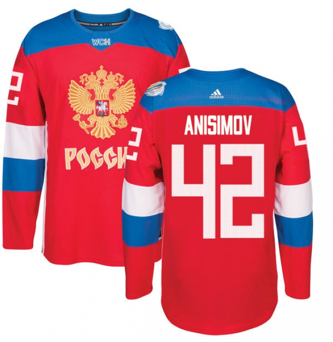 Men's Adidas Team Russia #42 Artem Anisimov Authentic Red Away 2016 World Cup of Hockey Jersey