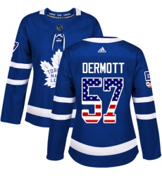 Women's Adidas Toronto Maple Leafs #57 Travis Dermott Authentic Royal Blue USA Flag Fashion NHL Jersey