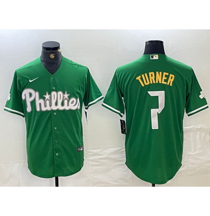 Men's Philadelphia Phillies #7 Trea Turner Kelly Green Cool Base Jersey