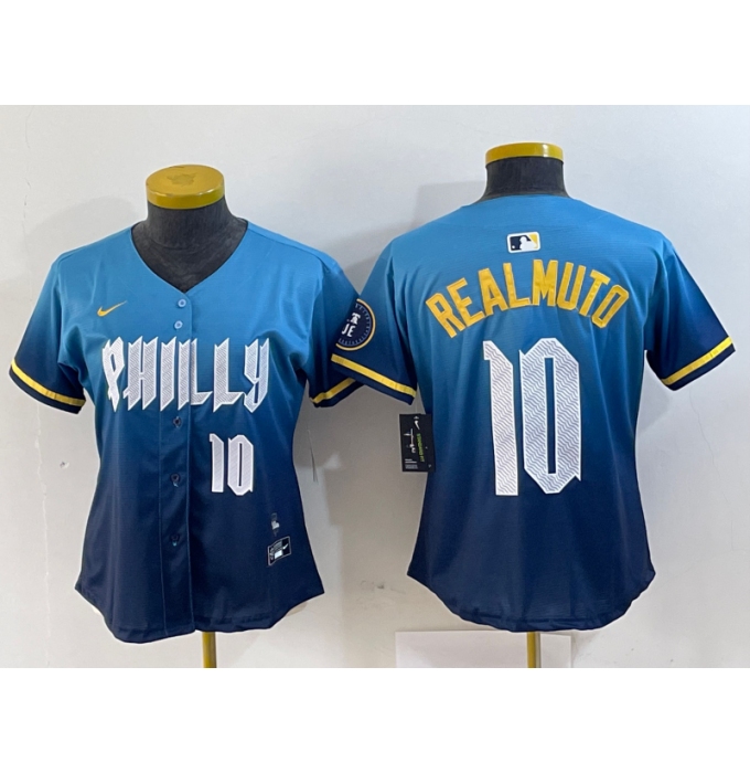 Women's Philadelphia Phillies #10 JT Realmuto Number Blue 2024 City Connect Limited Stitched Jerseys