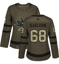 Women's Adidas San Jose Sharks #68 Melker Karlsson Authentic Green Salute to Service NHL Jersey