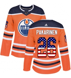 Women's Adidas Edmonton Oilers #26 Iiro Pakarinen Authentic Orange USA Flag Fashion NHL Jersey