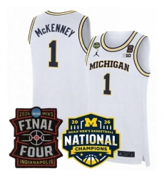 Men's Michigan Wolverines #1 Trey McKenney White 2025 26 Final Four National Champions Patch Stitched Basketball Jersey