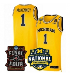 Men's Michigan Wolverines #1 Trey McKenney Yellow 2025 26 Final Four National Champions Patch Stitched Basketball Jersey