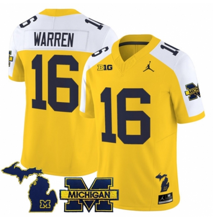 Men's Michigan Wolverines #16 Davis Warren Maize Alternate F U S E 2025 Vapor Limited Stitched Football Jersey