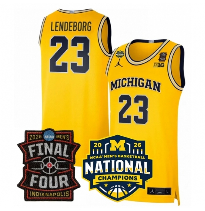 Men's Michigan Wolverines #23 Yaxel Lendeborg Yellow 2025 26 Final Four National Champions Patch Stitched Basketball Jersey