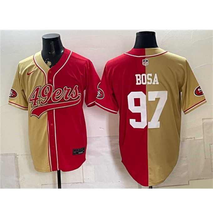 Men's San Francisco 49ers #97 Nick Bosa Gold Red Split Stitched Jersey