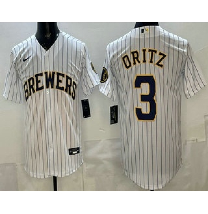 Men's Milwaukee Brewers #3 Joey Ortiz White Cool Base Jersey