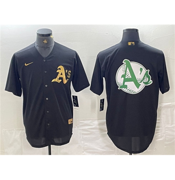 Men's Oakland Athletics Black Gold Team Big Logo Cool Base Stitched Baseball Jersey1