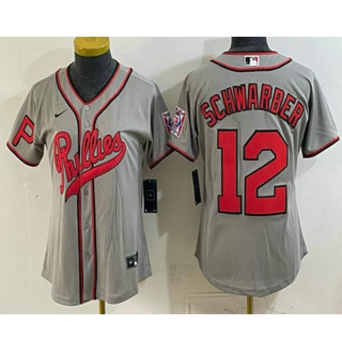 Women's Philadelphia Phillies #12 Kyle Schwarber Name Gray 2026 Field of Dreams Stadium Stitched Jersey