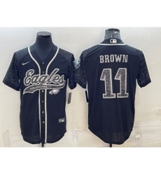 Men's Philadelphia Eagles #11 AJ Brown Black Reflective With Patch Cool Base Stitched Baseball Jersey