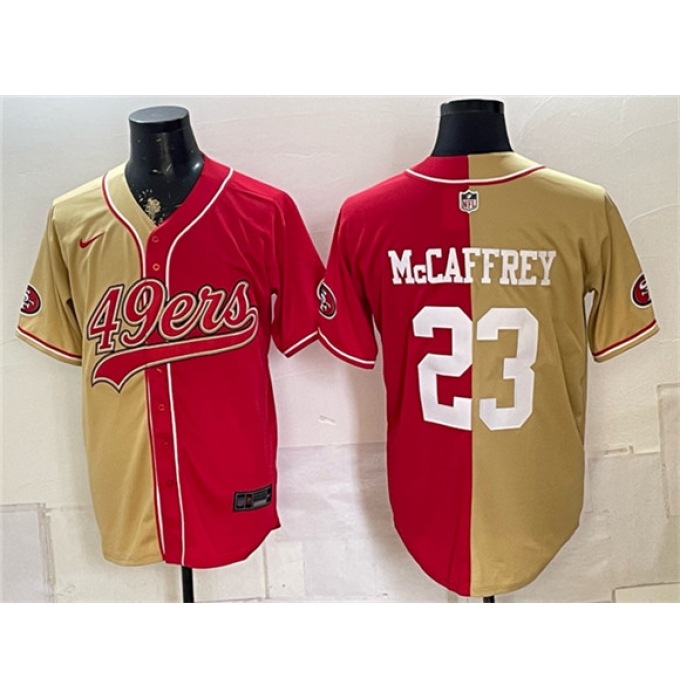 Men's San Francisco 49ers #23 Christian McCaffrey Gold Red Split Stitched Jersey