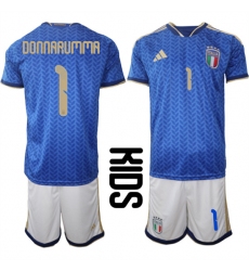 Youth Italy #1 DONNARUMMA National Team FIFA x World Cup 2026 Home Blue On Field Kids Jerseys