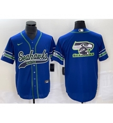 Men's Nike Seattle Seahawks Big Logo Blue Cool Base Stitched Baseball Jersey