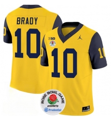 Men's Michigan Wolverines #10 Tom Brady 2023 F.U.S.E. Yellow Navy Rose Bowl Stitched Jersey