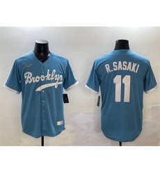 Men's Los Angeles Dodgers #11 Roki Sasaki Blue Throwback Stitched Baseball Jersey
