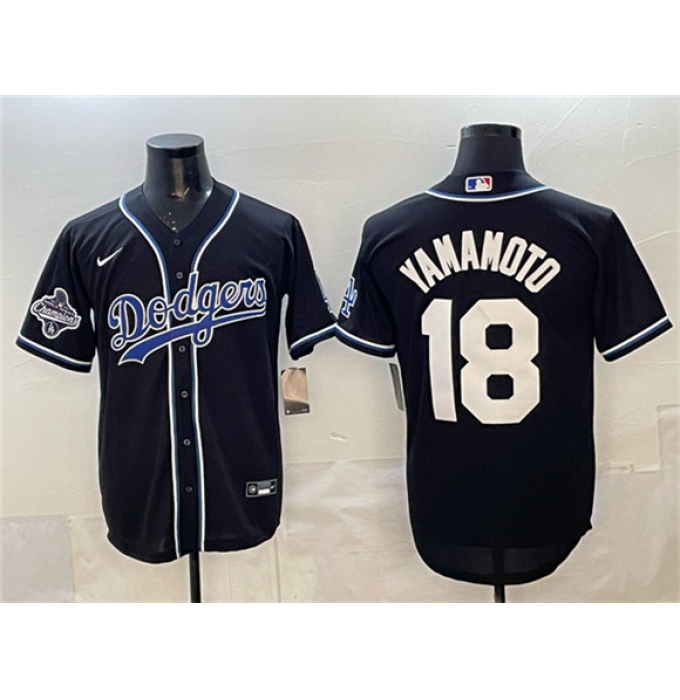 Men's Los Angeles Dodgers #18 Yoshinobu Yamamoto Black 2025 World Series Champions Cool Base Stitched Baseball Jersey