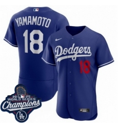 Men's Los Angeles Dodgers 18 Yoshinobu Yamamoto Cool Base 2025 World Champions Stitched Baseball Jersey Blue
