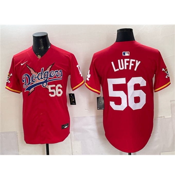 Men's Los Angeles Dodgers x One Piece #56 Luffy Red Vapor Premier Limited Stitched Baseball Jersey
