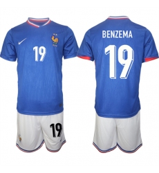 Men's France #19 Karim Benzema Blue 2024-25 Home Soccer Jersey Suit
