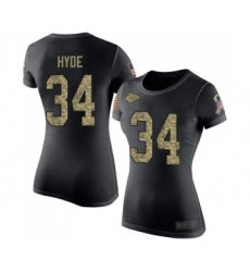 Football Women's Kansas City Chiefs #34 Carlos Hyde Black Camo Salute to Service T-Shirt