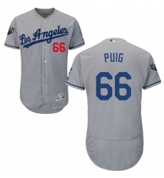 Men's Majestic Los Angeles Dodgers #66 Yasiel Puig Grey Road Flex Base Authentic Collection 2018 World Series MLB Jersey