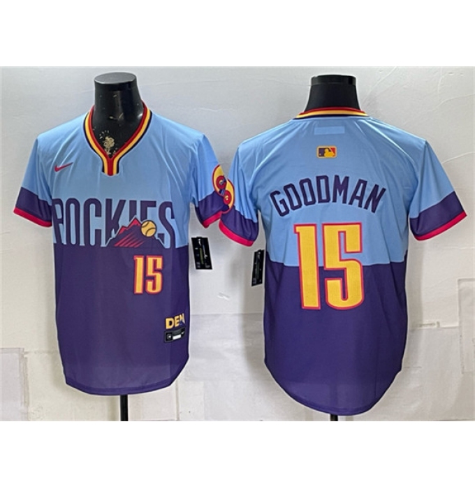Men's Colorado Rockies #15 Hunter Goodman Purple Light Blue 2025 City Connect Limited Stitched Baseball Jersey