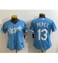 Women's Kansas City Royals #13 Salvador Perez Light Blue Cool Base Stitched Jersey(Run Small)