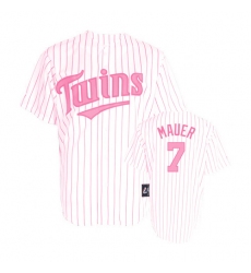 Women's Majestic Minnesota Twins #7 Joe Mauer Replica White/Pink Strip MLB Jersey