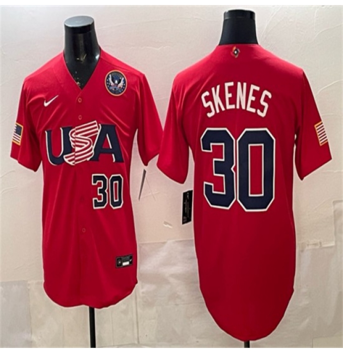 Men's USA Baseball #30 Paul Skenes Red 2026 World Baseball Classic United States 250th Anniversary Stadium Stitched Jersey