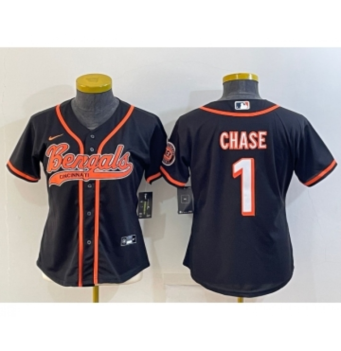 Women's Cincinnati Bengals #1 JaMarr Chase Black With Patch Cool Base Stitched Baseball Jersey